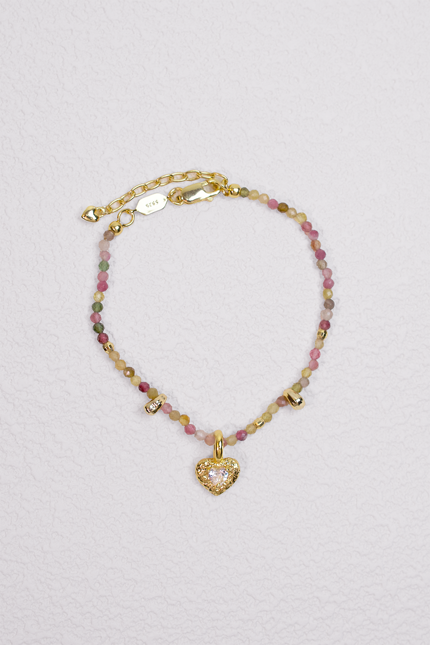 18K gold tourmaline bracelet; heart charm bracelet; colorful gemstone jewelry; elegant gold-plated bracelet; luxury tourmaline heart bracelet for women; Composition: 18k gold-plated, 925 sterling silver, zircon, tourmaline