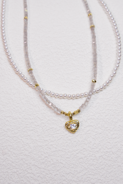 Classic Beaded Pearl Necklace And White Zircon Heart Charm Necklace
