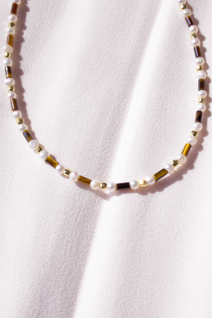 Tigereye Bead and Pearl Necklace; tigereye bead necklace; pearl and tigereye jewelry; natural bead necklace; earthy tone jewelry; elegant pearl necklace with tigereye beads; Composition: 18k gold-plated, 925 sterling silver, freshwater pearl, Tigereye stone